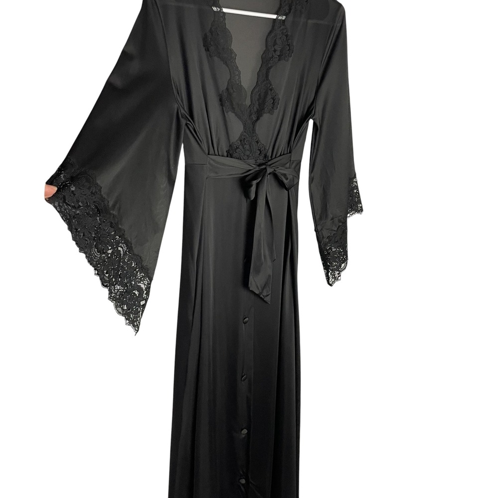 Vintage Jolie Womens Lace Peignoir Robe Size S Black Maxi Bell Sleeve Belted